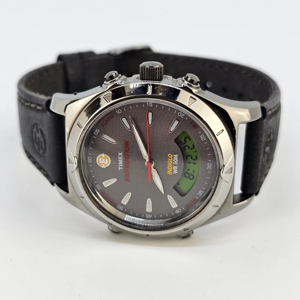 Timex Expedition Ana Dig Men Watch 38MM Dark Gray Dial Leather Bands New Battery
